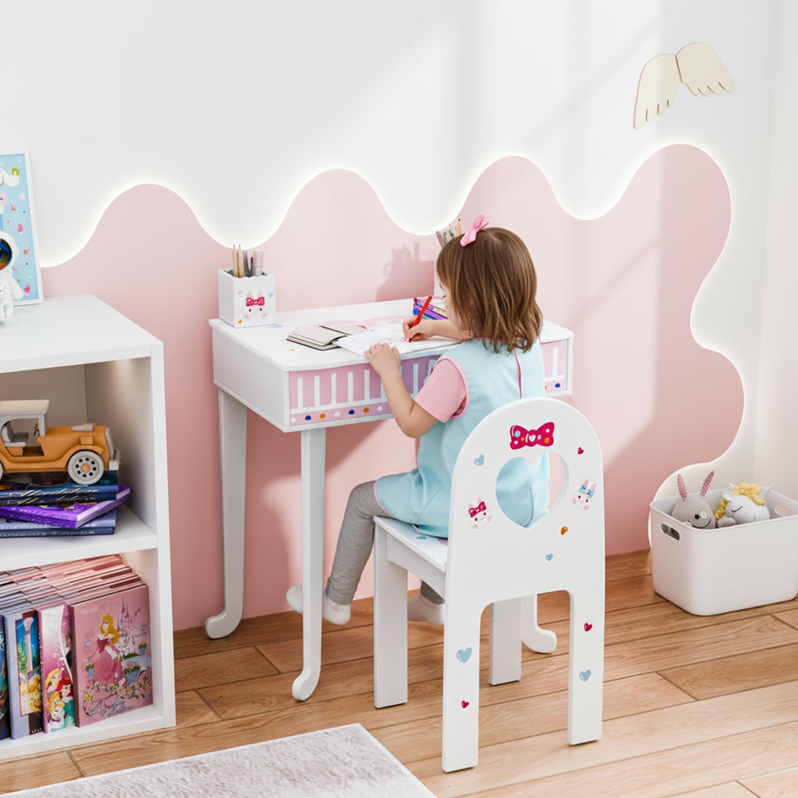 Bonnlo Coiffeuse pour Enfants 106cm, avec Miroir et Tabouret, Coiffeuse Enfant Fille avec Accessoires, Bureau 2 en 1 (Blanc)