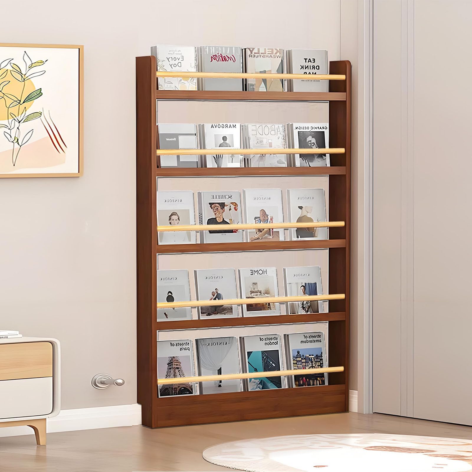 Tazyee Bookshelf, Tall Narrow Book Shelf, Behind Door 3-6 Tier Wall Bookcase for Bedroom, Living Room, Office, Space Saving Organizer for Kids’ Toys and Books Walnut 5-shelf/35.4" x 3.9" x 57.1"