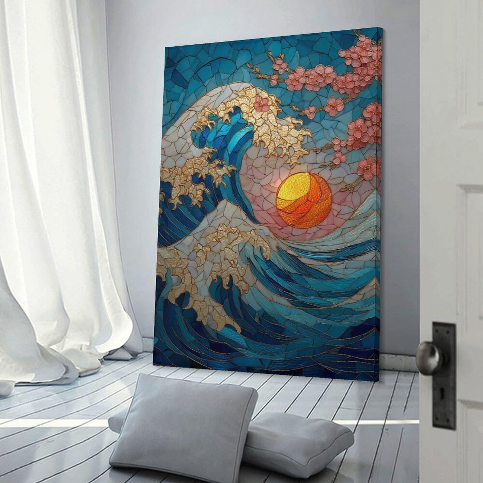 Junmoney Frame-Style-23 Decorative Wall Artwork Mosaic Wave With Cherry Blossoms, 12X18inch(30X45cm), For Contemporary Homes, Apartments Or Offices, An Easy Choice For New Home Styling