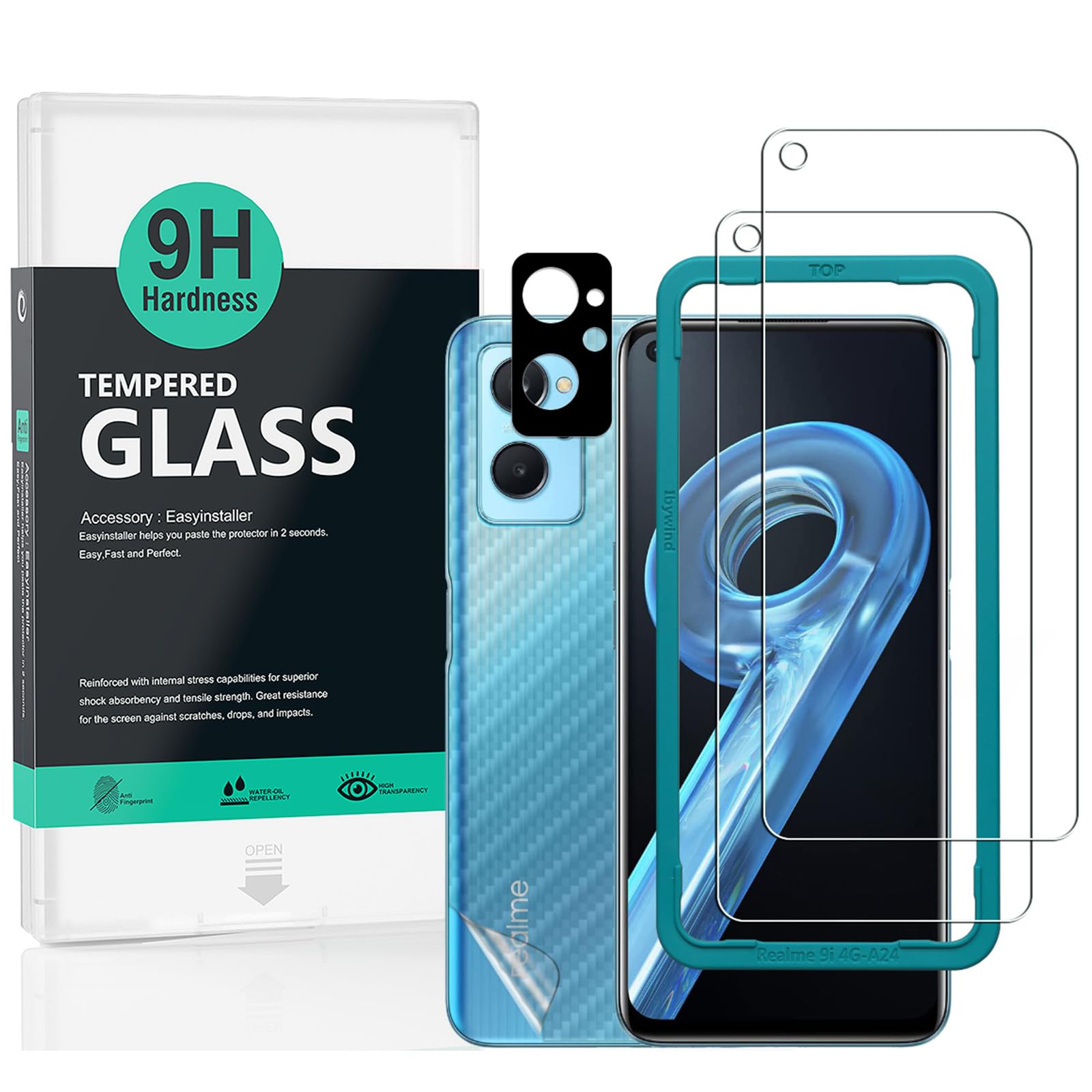 2 Pack Tempered Glass Screen Protector for Realme 9i 4G, 9H Hardness, Includes Camera Lens & Back Protector, Easy Install