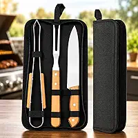 Kit Churrasco Premium 3 Peças Aço Inox Cabo Madeira Estojo Portátil Faca Garfo Pegador