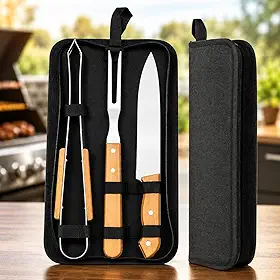 Kit Churrasco Premium 3 Peças Aço Inox Cabo Madeira Estojo Portátil Faca Garfo Pegador
