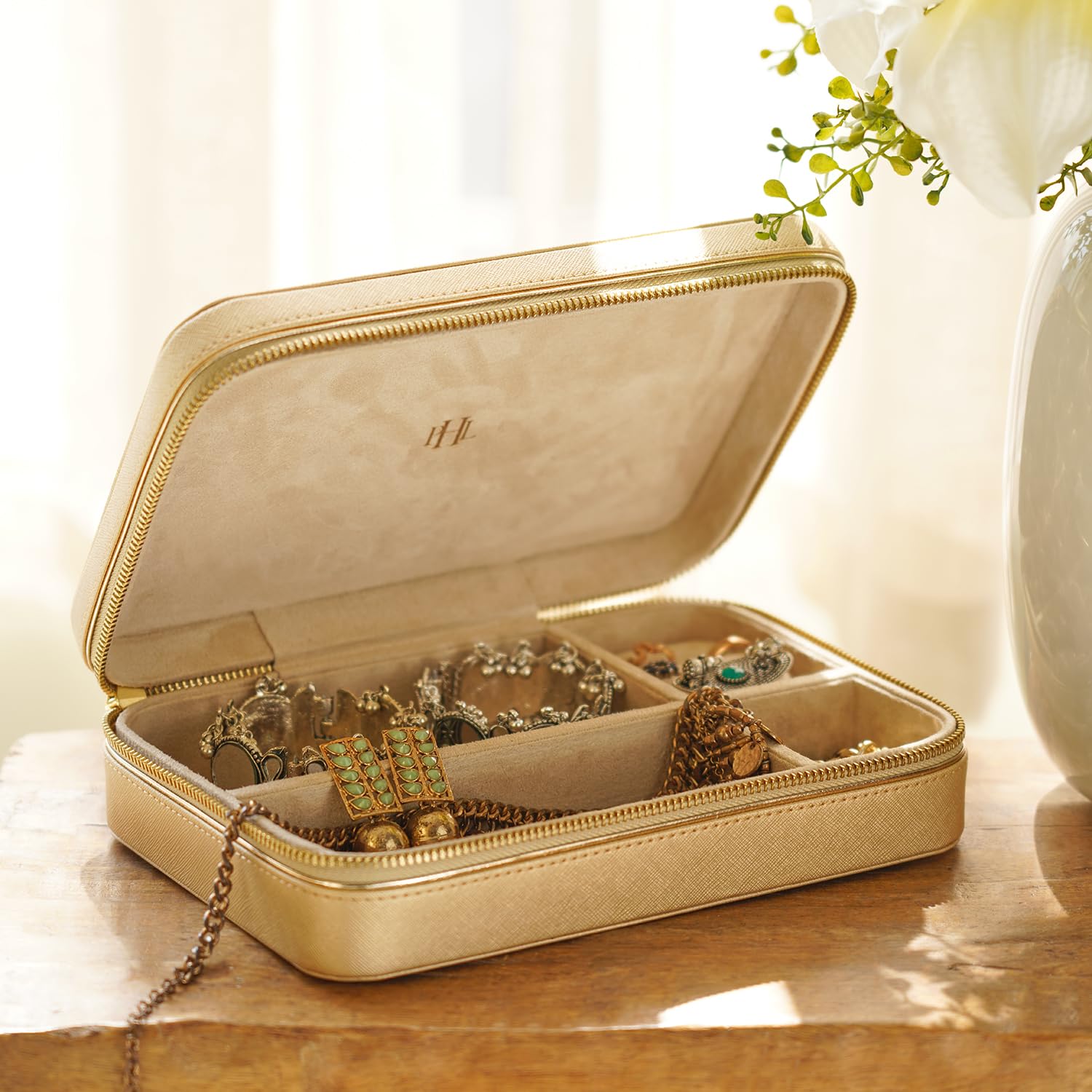 PURE HOME + LIVING Gold Faux Leather Jewellery Box for Women, Travel Earrings Organiser Box, Portable Jewellery Box for Ri...