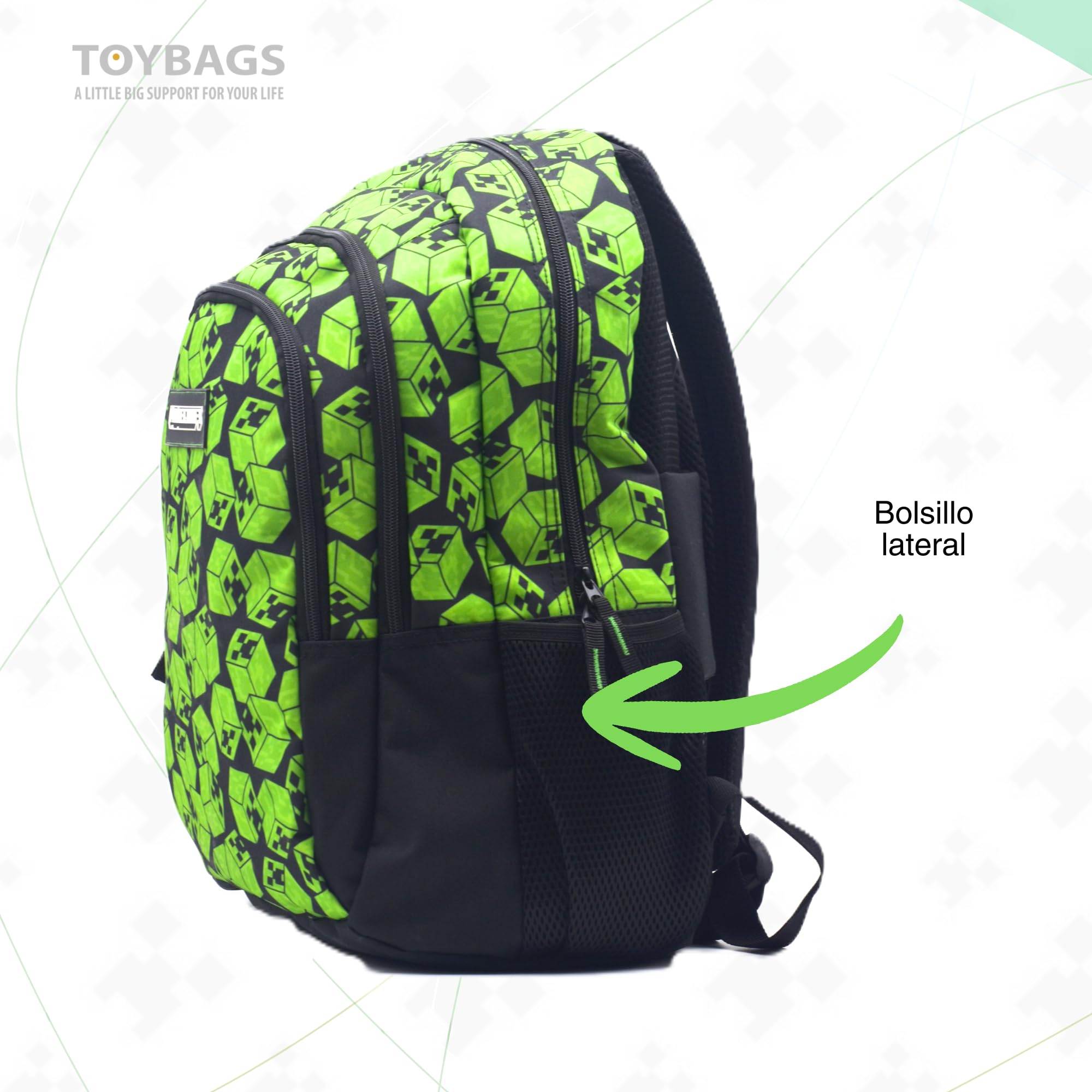 Mochila Escolar Minecraft Cubos Doble Compartimento Adaptable + CARRO NEGRO TOYBAGS CON PROTECCION LATERAL Y STOPER FRONTAL ANTI CAIDA 4 ruedas giratorias - 44 X 30 X 20 CM