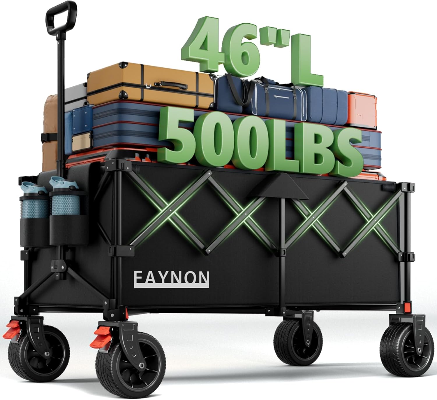 46" L Collapsible Foldable Extended Wagon, 500LB Weight Capacity with 280L Heavy Duty Folding Cart,Utility Wagon with All-Terrain Beach Wheel & Drink Holders,Black Carbon Black