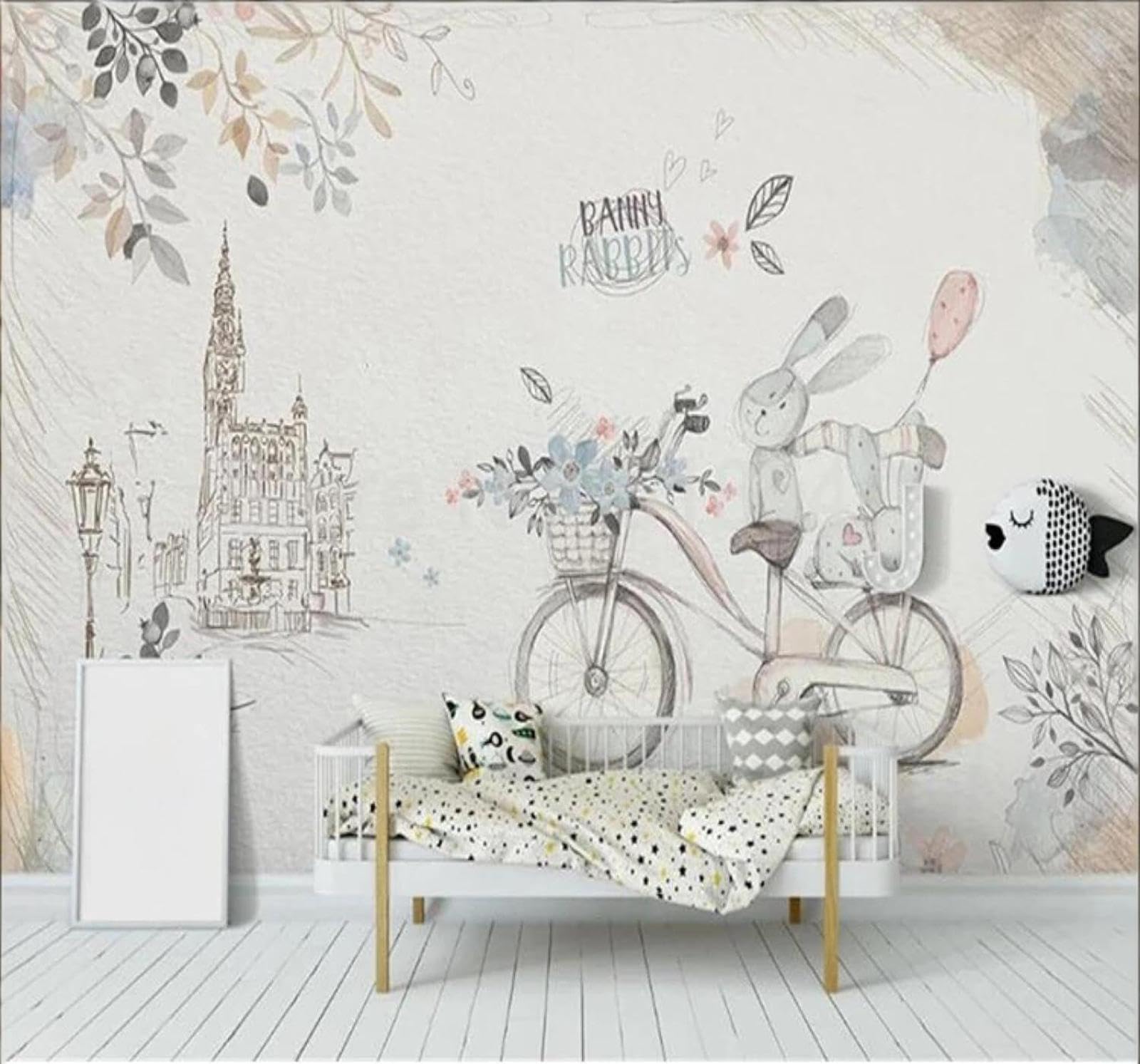 XLMING Cartoon Hand Drawn Animals Rabbit Bicycle 3D Wallpaper Silky Texture Home Study Office Grey Dining Room Sofa Bedroom Living Room TV Backdrop-350cm×256cm