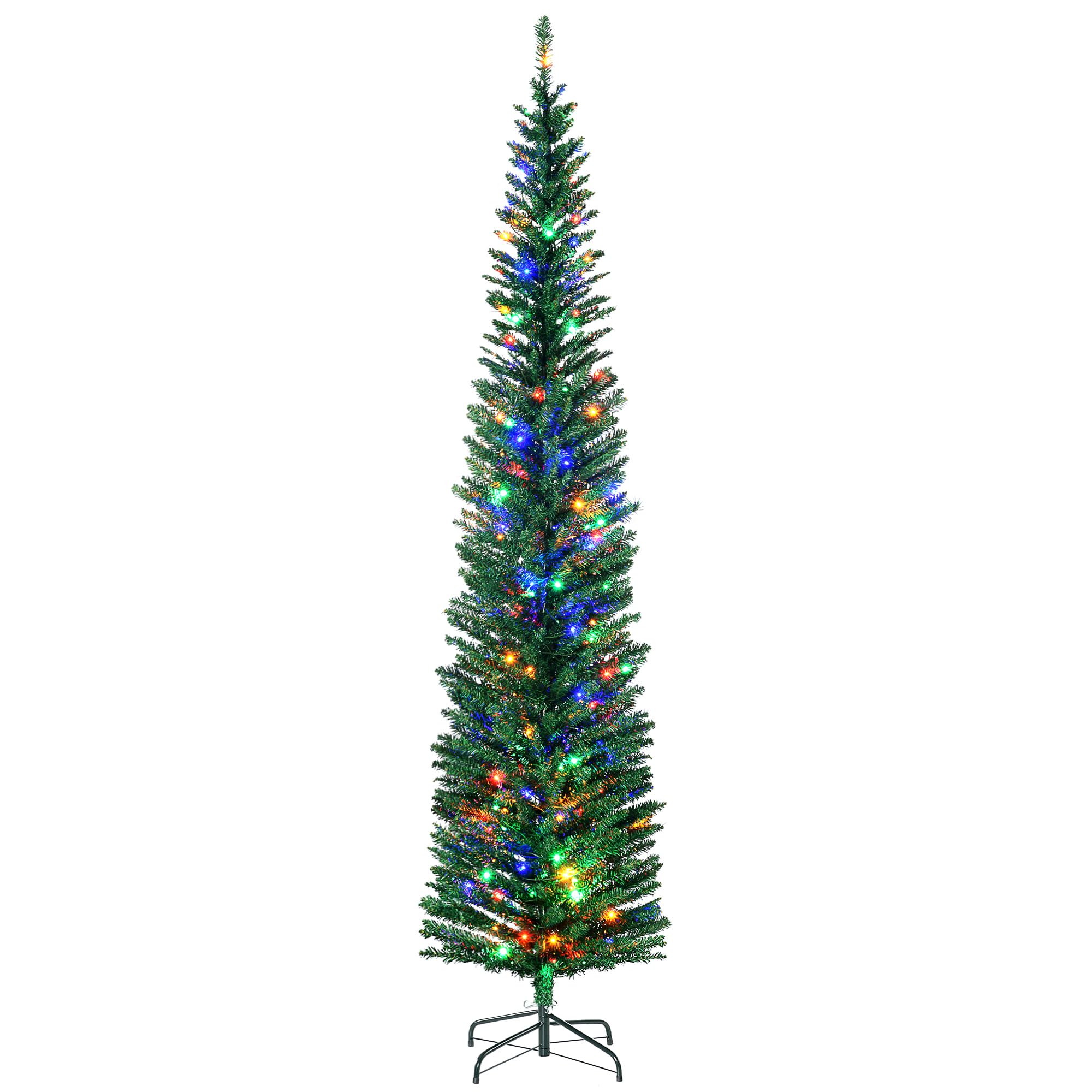 Homcom Green 7.5' Artificial Prelit Christmas Trees Holiday Décor With Colourful Led Lights, Pencil Shape, Steel Base