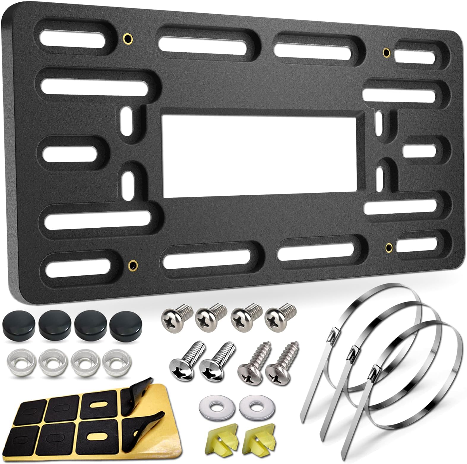 BGGTMO License Plate Bracket Holder- Front License Plate Mounting Kit, Universal Bumper Car Tag Frame Mount Adapter with Stainless Steel Screw Cap, Cable Ties