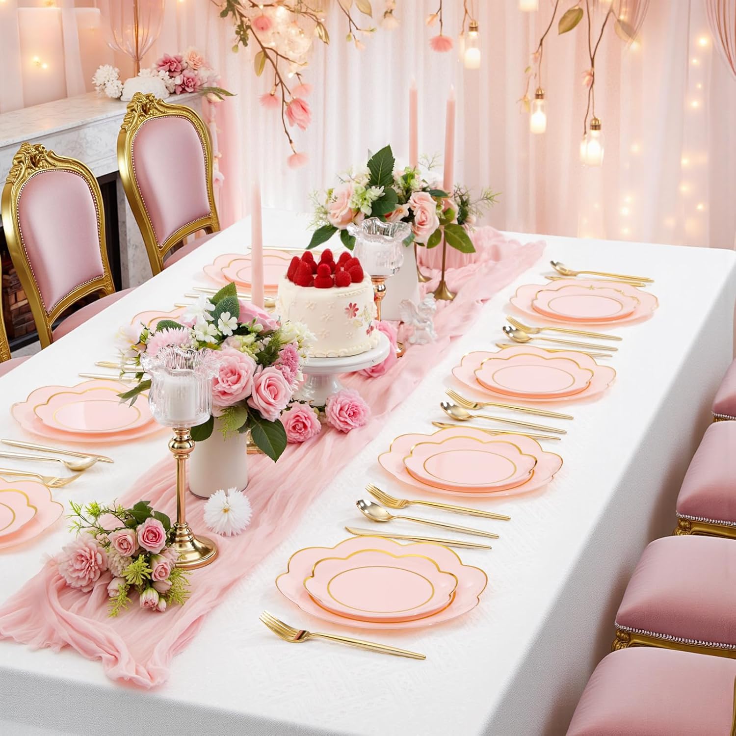 WONDERFUL 60pcs High-End Pink Plastic Plates - Disposable Heavy Duty Pink Plates with Gold Rim Plastic Disposable Plate for Party Wedding/Galentines/Valentines/Upscale Banquet Suitable for 30 Guests - Image 7