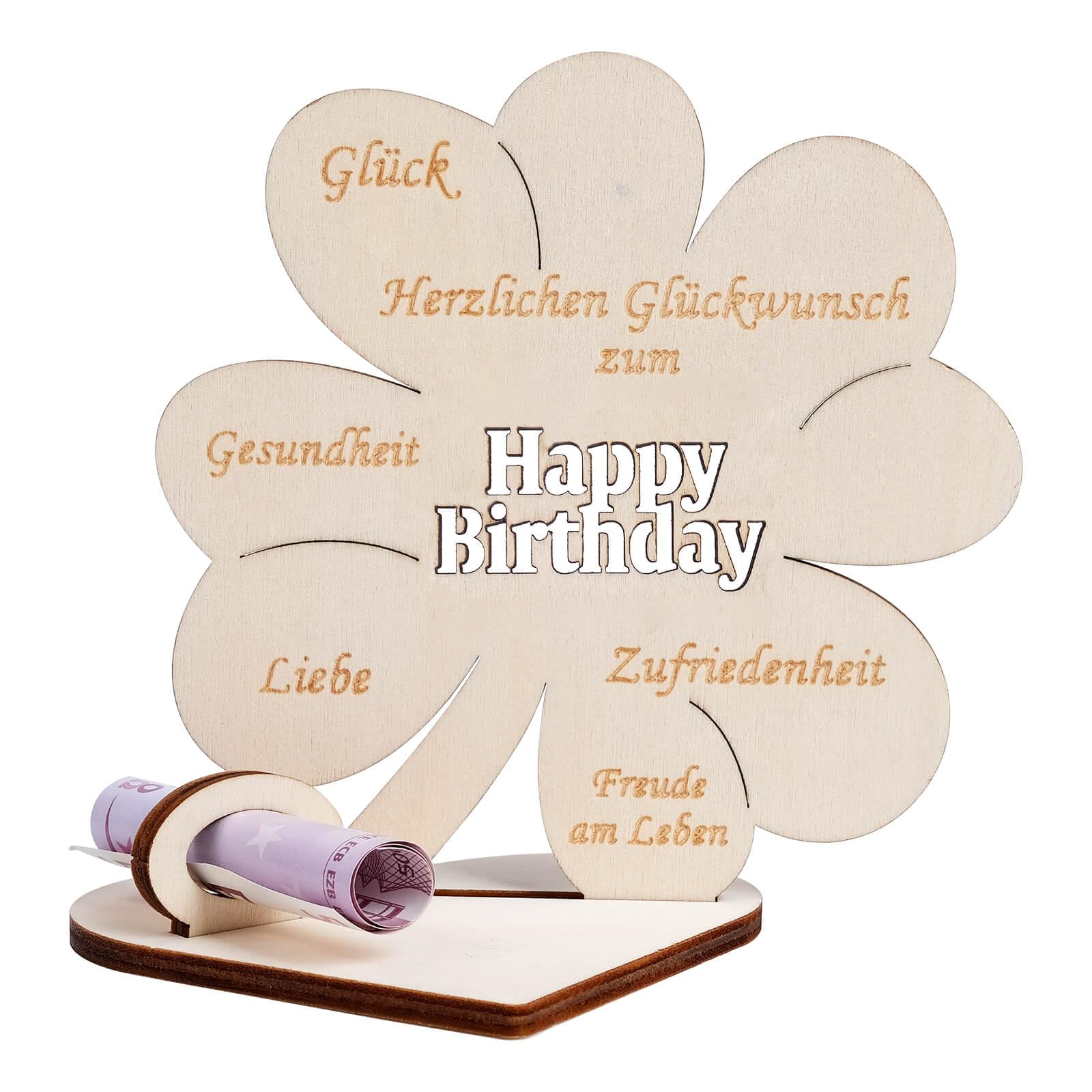 Geldgeschenke Geburtstag, Geldgeschenk Geburtstag mit Glücksklee Design Happy Birthday Schriftzug, Geldgeschenk Personalisierbares Holz Schild Gästebuch für Frauen Männer