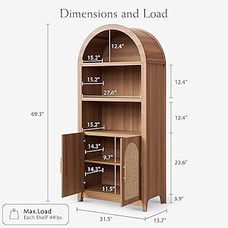 RowyPoey Rattan Arched Cabinet Bookshelf - 69.3” Tall Mid Century Display Cabinet, Rounded Bookcase with Rattan Doors, Open Shelf Storage for Dining Room (Caramel Oak, 1 PC)