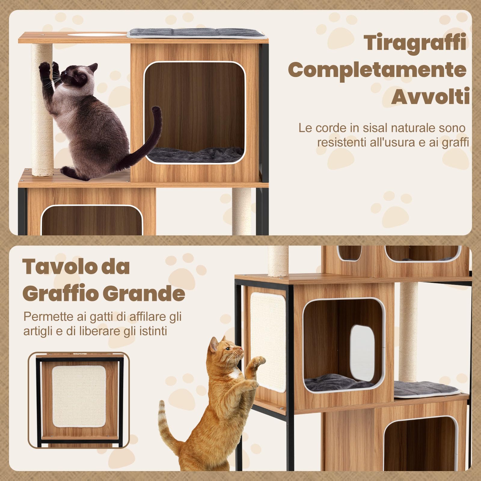 GYMAX Albero per Gatti in Legno con Struttura in Metallo, Condominio e Piattaforma, Pali Tiragraffi in Sisal, Cuscini Lavabili, Torre a Più Livelli, Mobile per Arrampicamento (75 x 45 x 133 cm)