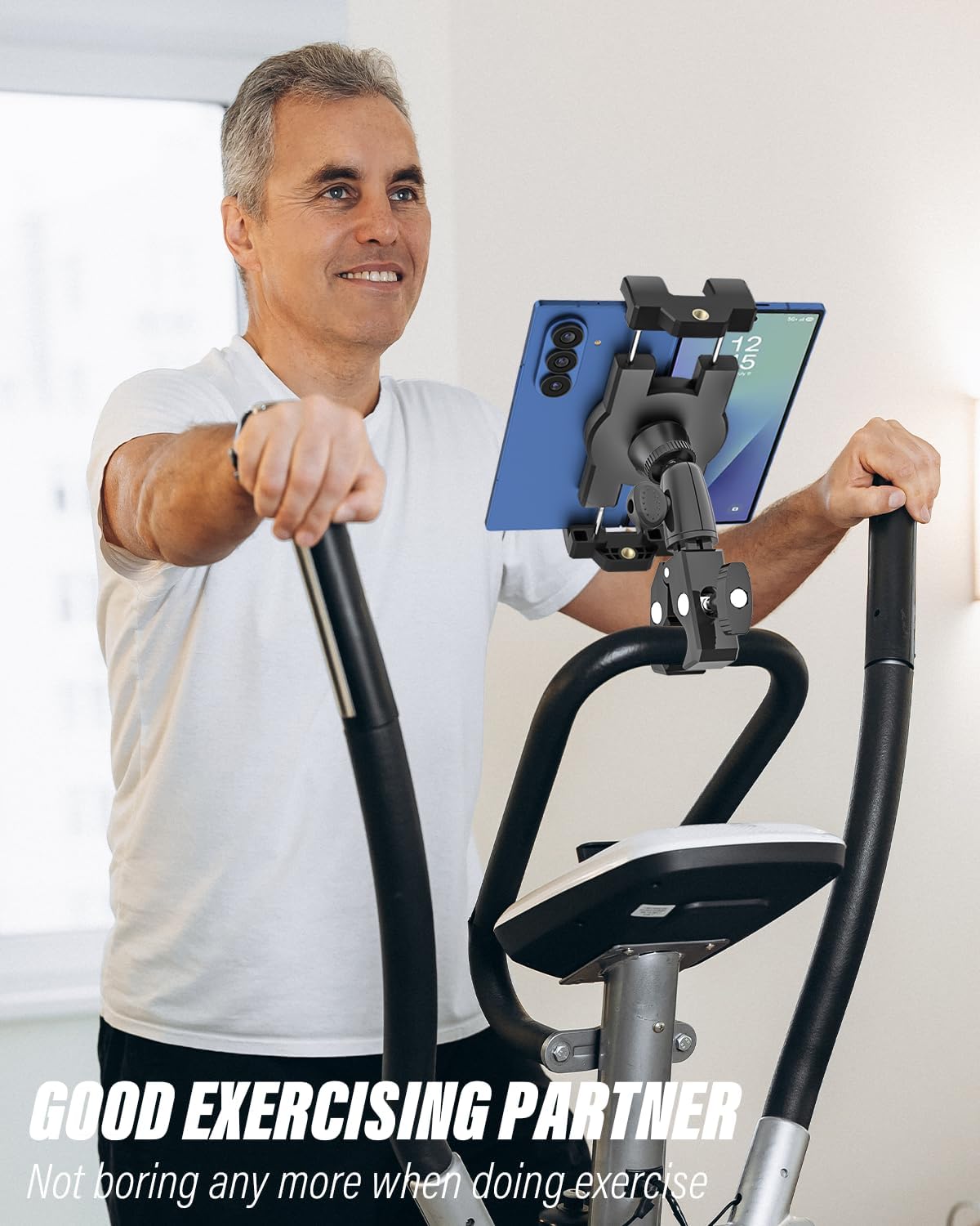 Aluminium Tablet Holder Mount for Spin Bike, Peloton Clamp, Stationary Bicycle, Treadmill, Stroller, Indoor Bike, Elliptical, for 4.7-13" Device Like iPad Pro, Air, Mini, Galaxy, Fire, iPhone