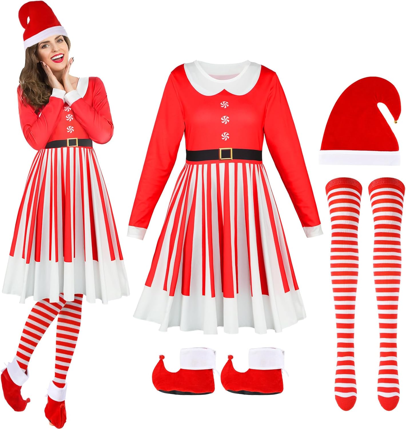 Women Christmas Elf Costume Set Santa Xmas Festive Outfit Includes Dress Hat Shoes Striped Stockings for Holiday