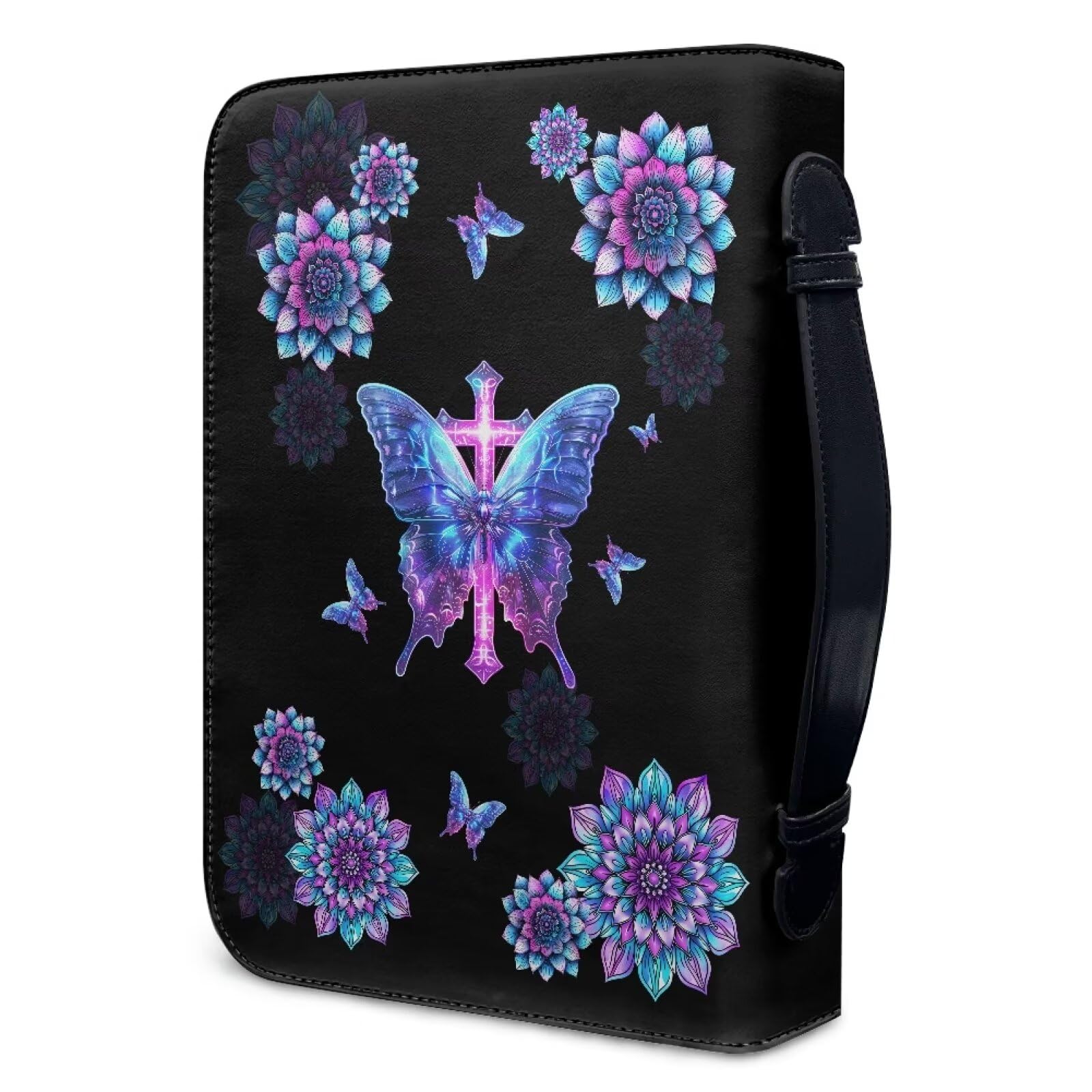 Suobstales Custodia in pelle con stampa mandala e farfalle, per donne e uomini, con scritta "God is Within Her Bibbia", borsa da trasporto con manico e tasca, organizer portapenne, L