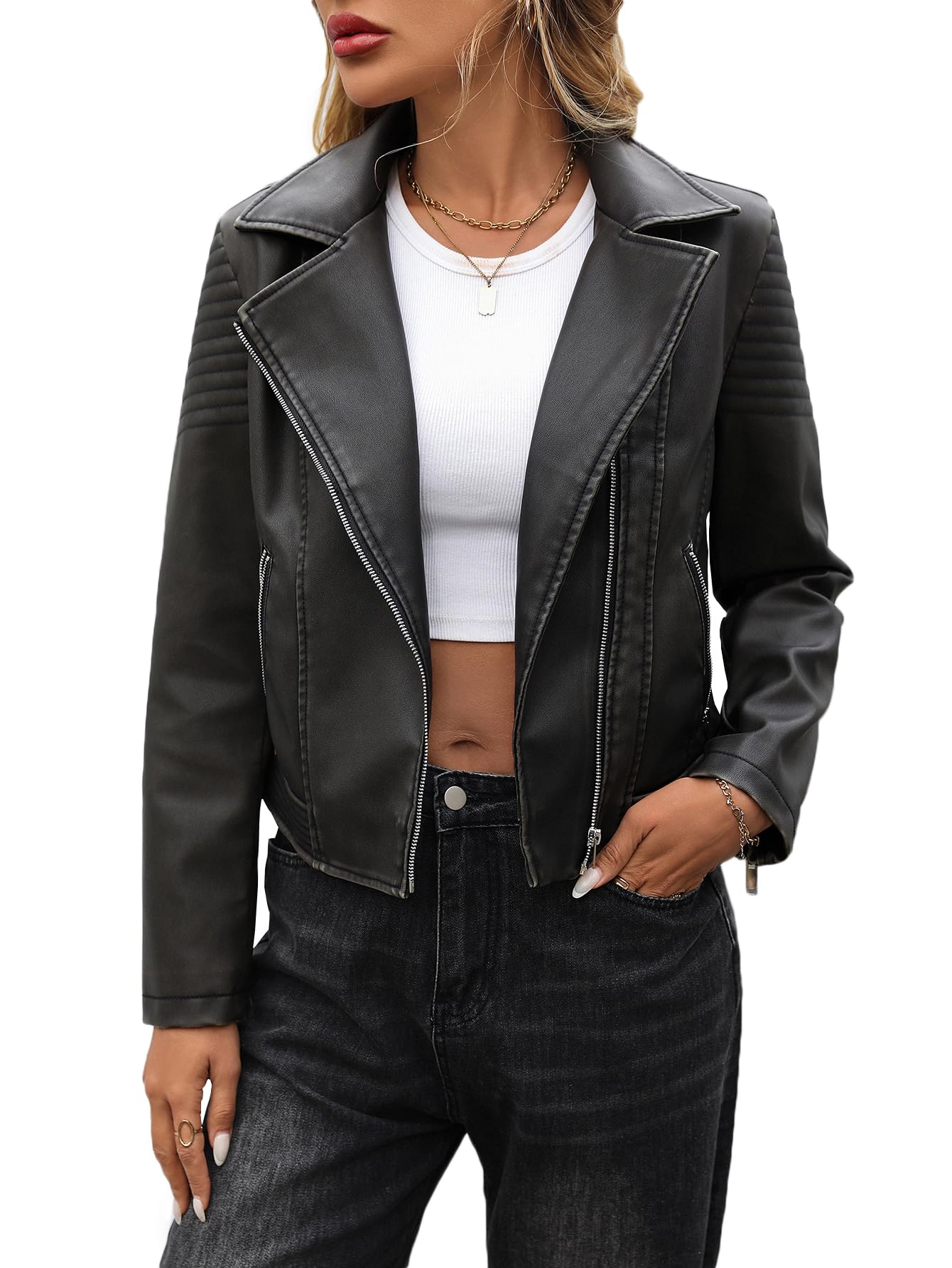 LY VAREY LIN Women's Faux Leather Bomber Jacket Patchwork Punk Moto Biker Coat