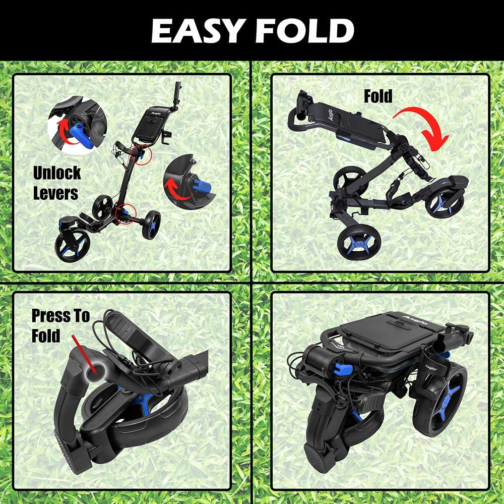 V3 Golf Push Cart 3-Wheel - 360° Swivel Front Wheel - Lightweight & Aluminum Golf Bag Cart - Compact for Easy Storage - Hand Brake System, Large Storage Console - Cup & Umbrella Holder