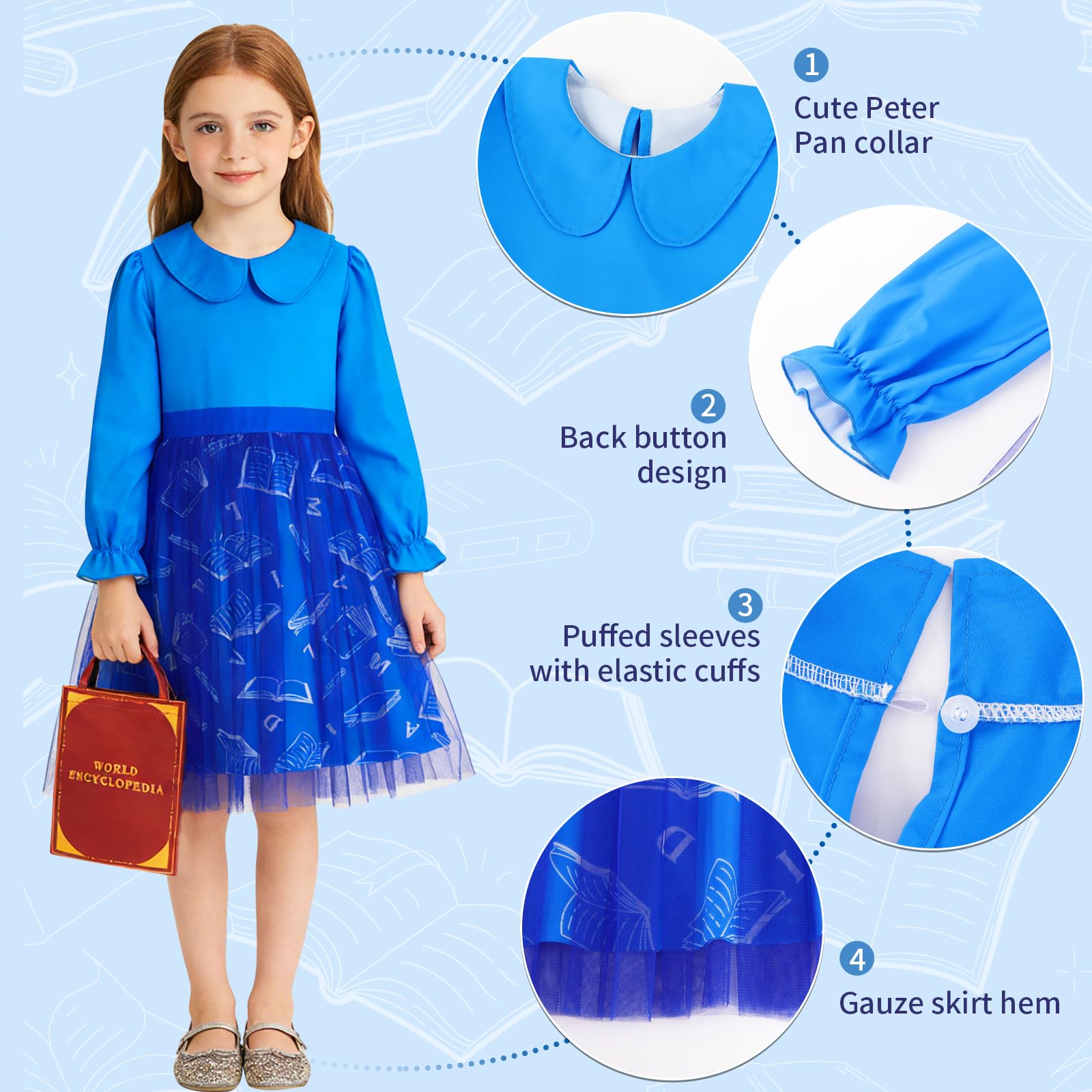 KumSoomliy Girls Matilda Costume with Bag World Book Day Costumes for Girls Kids Blue Long Sleeve Tulle Knee-Length Dress Ages 3-4 Years - Image 4