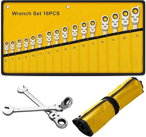 Juego de llaves de trinquete, 16 piezas, kit de llaves combinadas multifuncionales métricas de 0.236-0.866 in, acero al cromo vanadio, llaves de