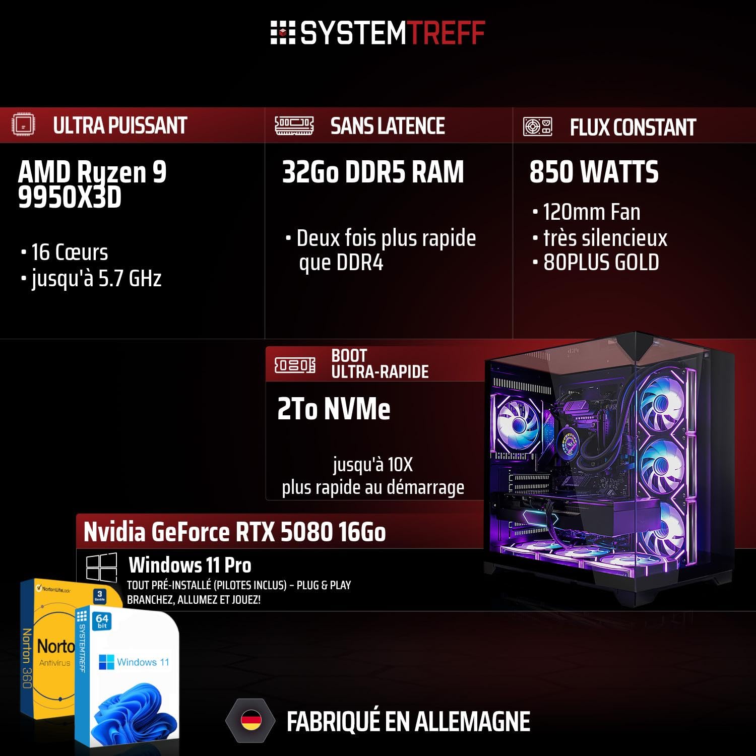 SYSTEMTREFF PC Gamer High-End - AMD Ryzen 9 9950X3D - RTX 5080 16Go