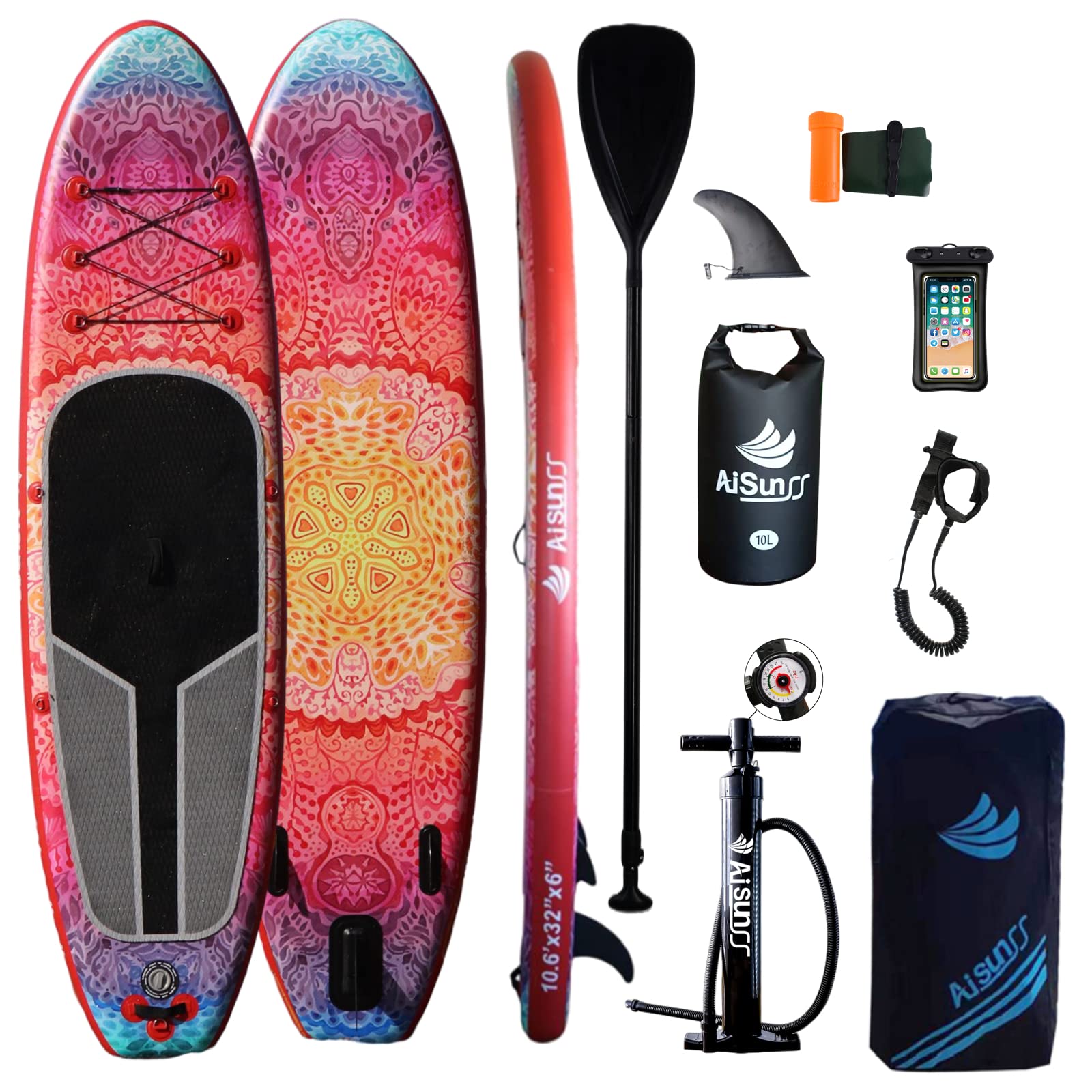 AISUNSSInflatable Stand Up Paddle Boards with Premium SUP Paddle Board Accessories, 10L Waterproof Dry Bag Wide Stable Design, Non-Slip Comfort Deck for Youth & Adults