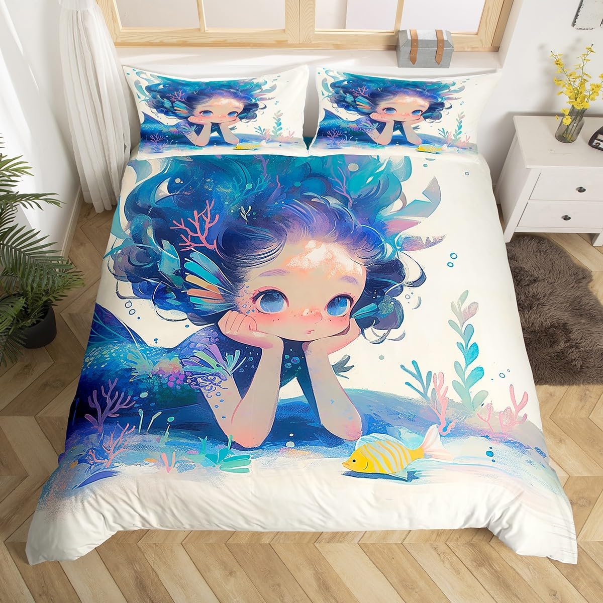Kawaii Mermaid Duvet Cover Set Toddler Size,Cute Girl Blue Fish Tail Reversible Quilt Cover for Kids Boys Girls Watercolor Sealife Princess Style Bedding Set with 1 Pillowcase,No Comforter