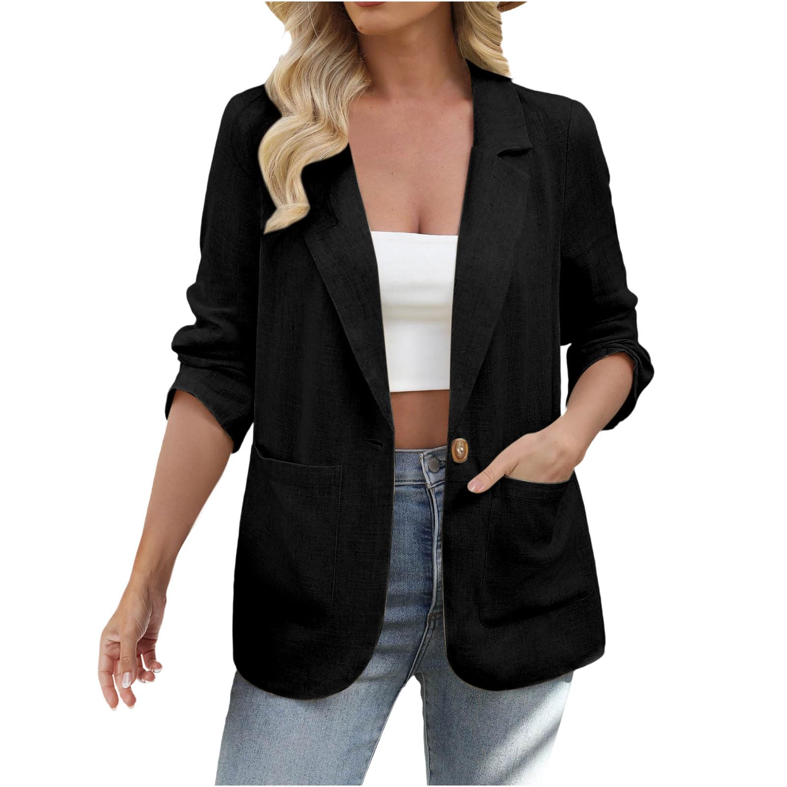 Womens Blazer Jacket Long Sleeve Open Front Work Suit Lapel Button Business Lightweight Fall Coat Dressy Shirt Cardigan