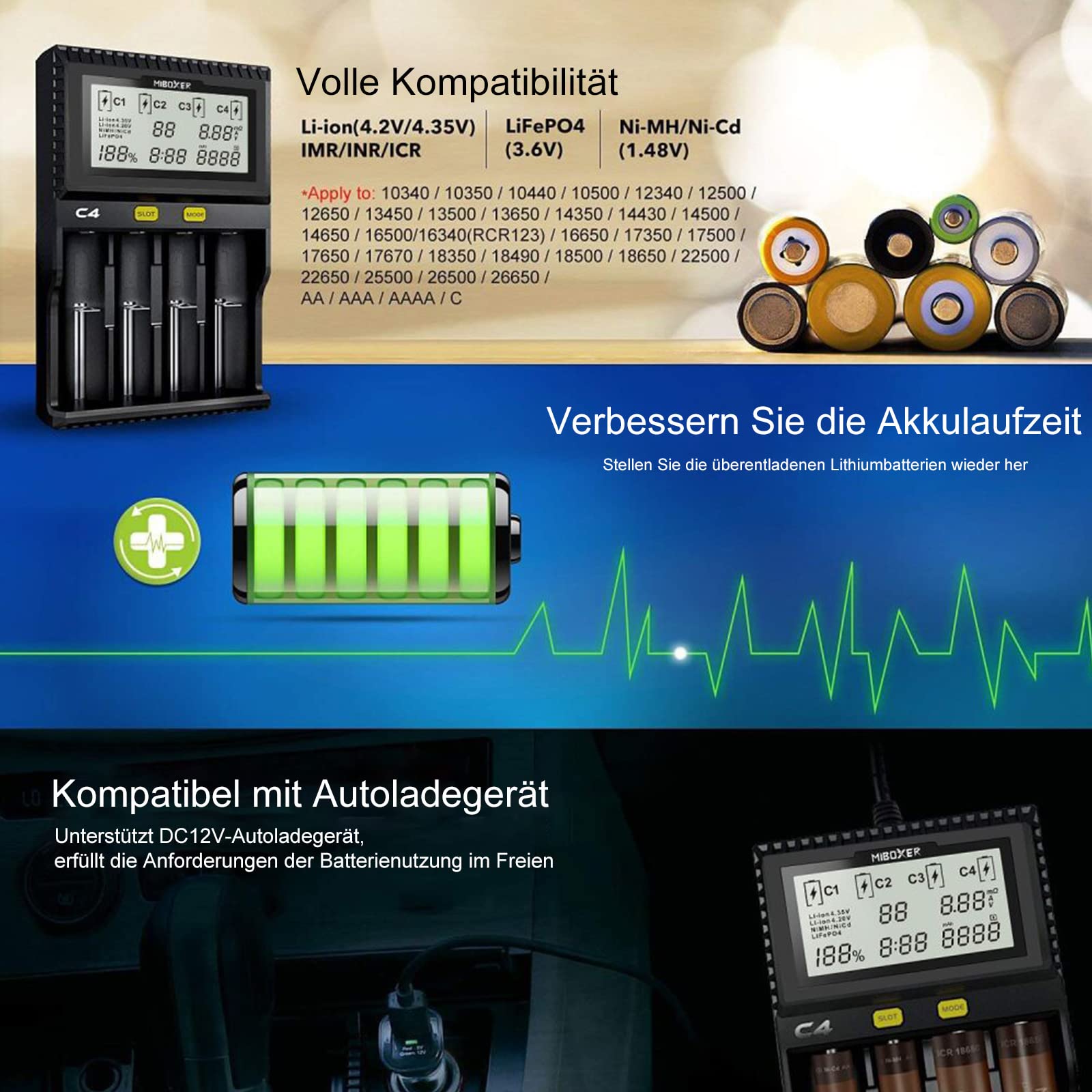 Universal akku Ladegerät, 18650 Baterieaufladegerät mit 4 Schacht, LCD-Display Batterien Ladegerät für Li-Ion LiFePO4 NI-MH NI-Cd AA AAA C 18350 18500 18700 20700 21700 26650 RCR123.