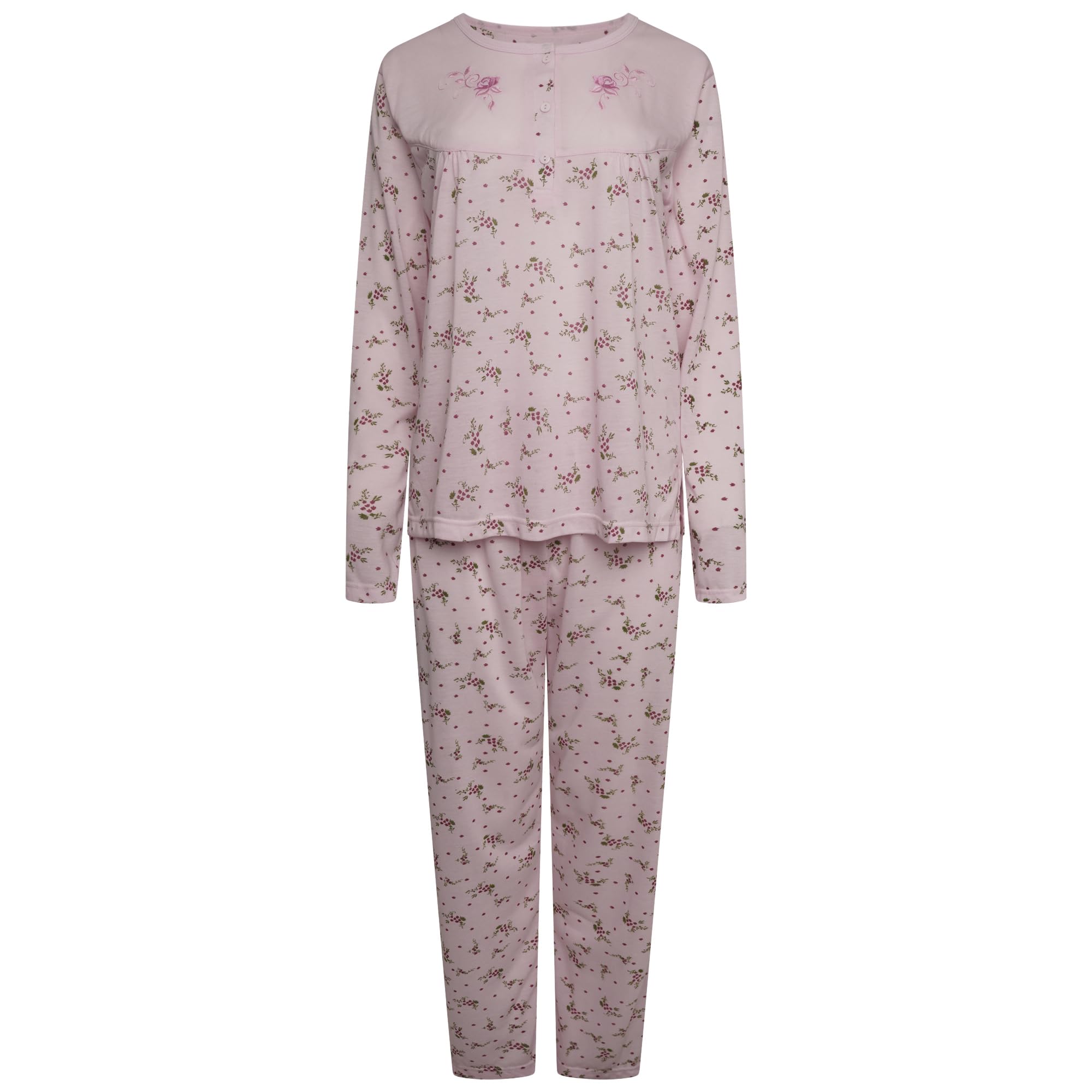Nikaro Ladies Cotton Rich Daisy Print Button Tunic Long Sleeved Pyjama Set (L) Dark Pink
