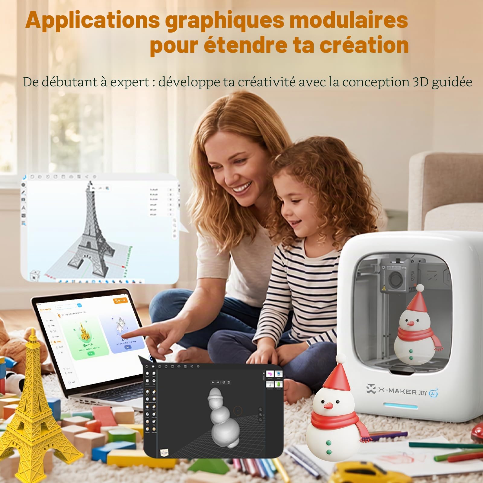 Imprimante 3D Alimentée par IA Domestique Professionnelle,Imprimante 3D avec Ensemble de 8 Filaments PLA, Grande Bibliothèque de Modèles,16+Mini Modules de Conception 3D,Contrôle Via APP,