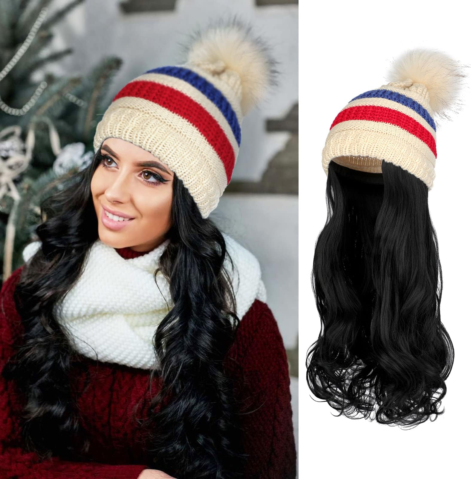AynnQueenBeanie with Hair Attached for Women Slouchy Cable Hat Wig Knit Beanie Winter Hat with 20' Removable Hair Extensions