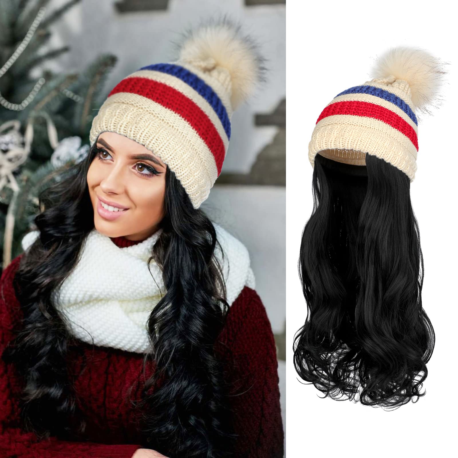 AynnQueenBeanie with Hair Attached for Women Slouchy Cable Hat Wig Knit Beanie Winter Hat with 20' Removable Hair Extensions