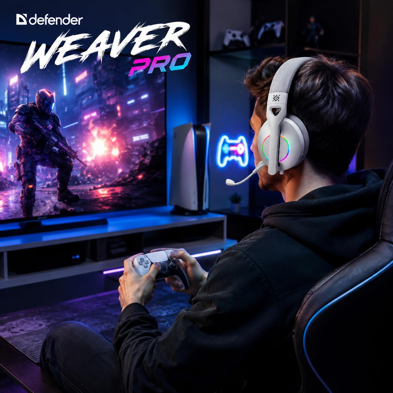 Defender® Weaver PRO Wireless Gaming Headset 40h Akkulaufzeit, 2.4GHz+BT(≤30ms), 7.1 SurroundSound,Kopfhörer Mit Mikrofon mit Noise-Cancelling, Kompatibel für PS5/PS4/Switch, PC Headset, Weiß