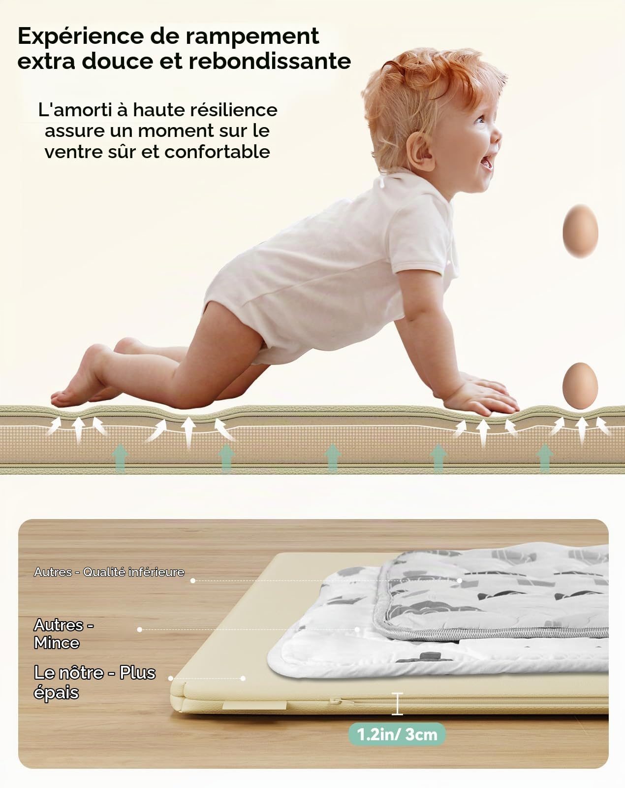 COMOMY Cuir Végan Tapis d'eveil Bebe, Extra Doux et Epais Tapis de Jeux Bebe 127x127x3 cm, Imperméable Tapis Sol Bebe de Jeu Pour Parc, Pliable Tapis d'éveil et de Jeux, Beige