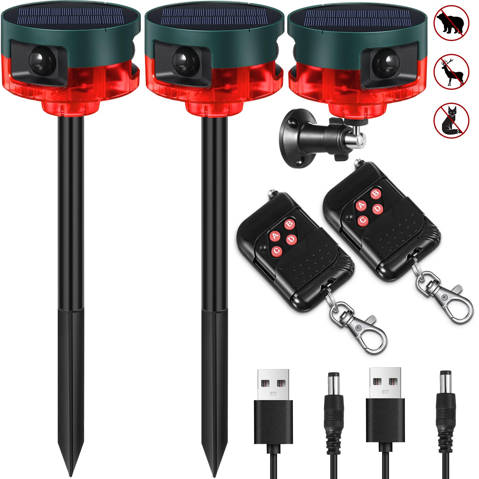 Qualirey Paquete de 2 alarmas solares con sensor de movimiento para exteriores, sensor de movimiento, disuasorio de animales, alarma de ladridos de perro para seguridad en el hogar, soporte de