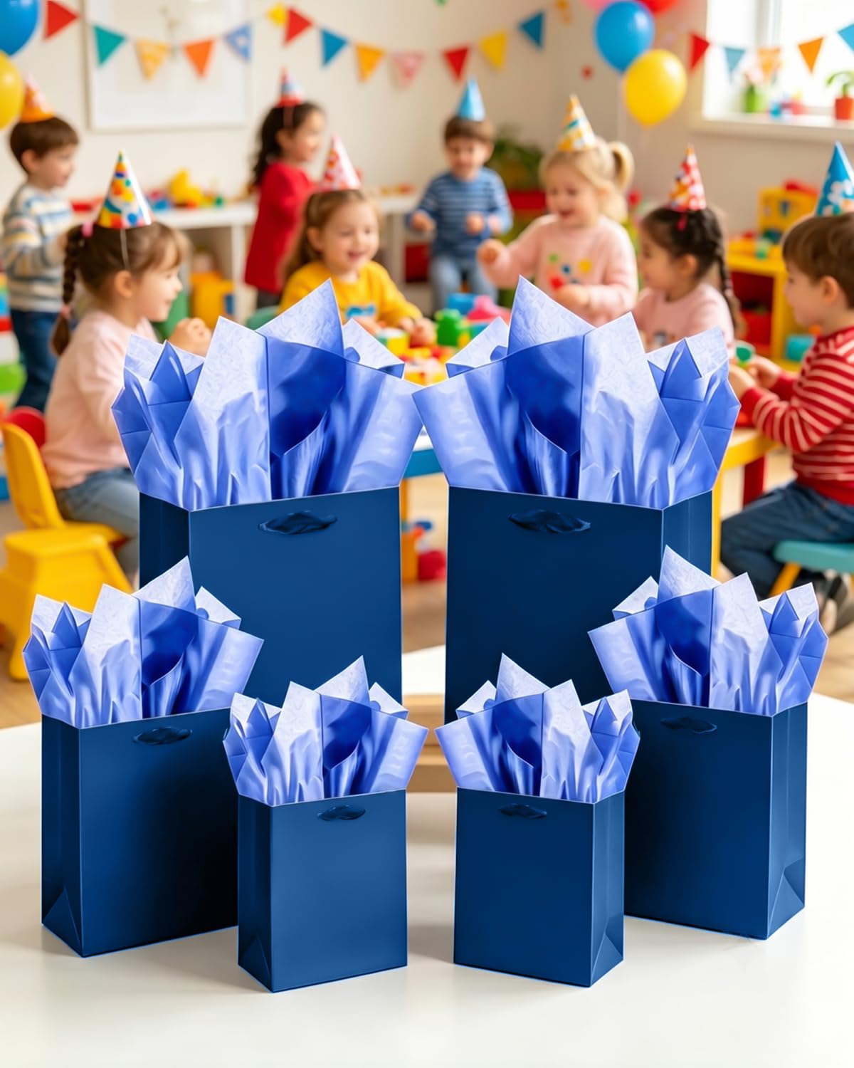 qiqee Navy Blue Gift Bags with Tissue Paper Mulit Assorted Sizes 10PCS Present Party Favor Birthday Bags(2pcs Large 13", 4pcs Medium 9", 4pcs Small 6" Bags)