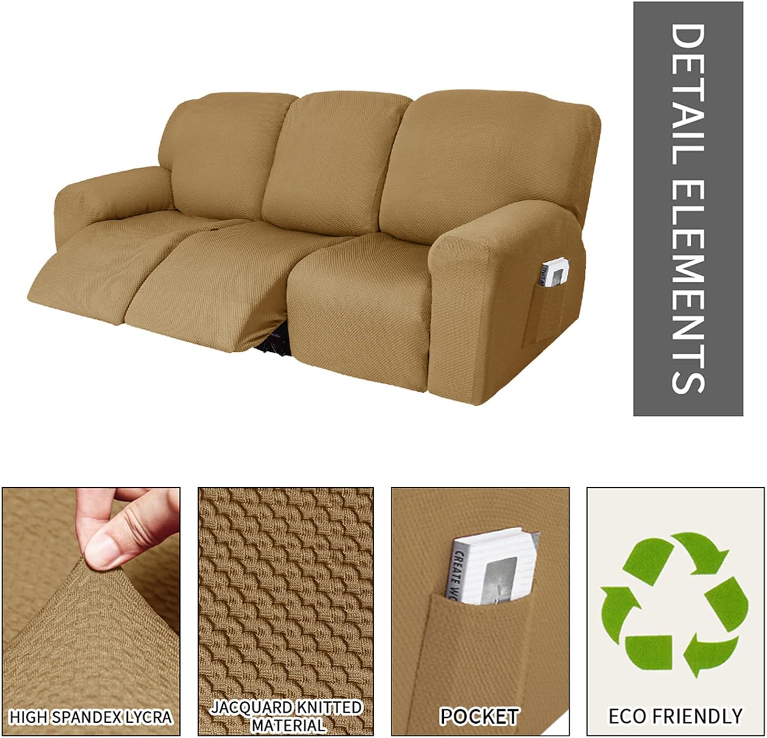 Stretch Recliner Chair Cover Armchair Covers with Pockets Spandex 1/2/3 Seater Couch Covers Furniture Cover for Living Room Sofa Cover (3 Seater,Brown)