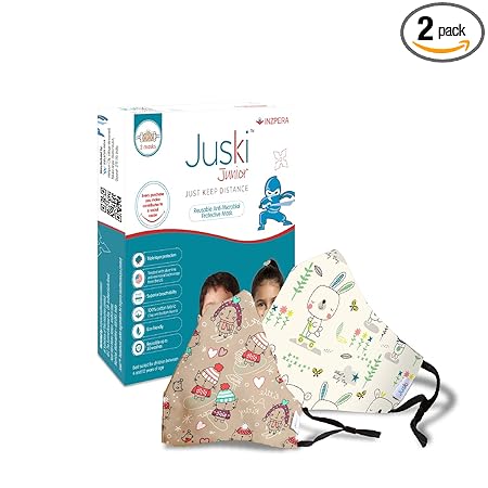 Juski Reusable 3-layer Anti-microbial Cotton Protective Mask with Adjustable Ear Loops For Kids (Pack of 2, Cat and Rabbit Print)