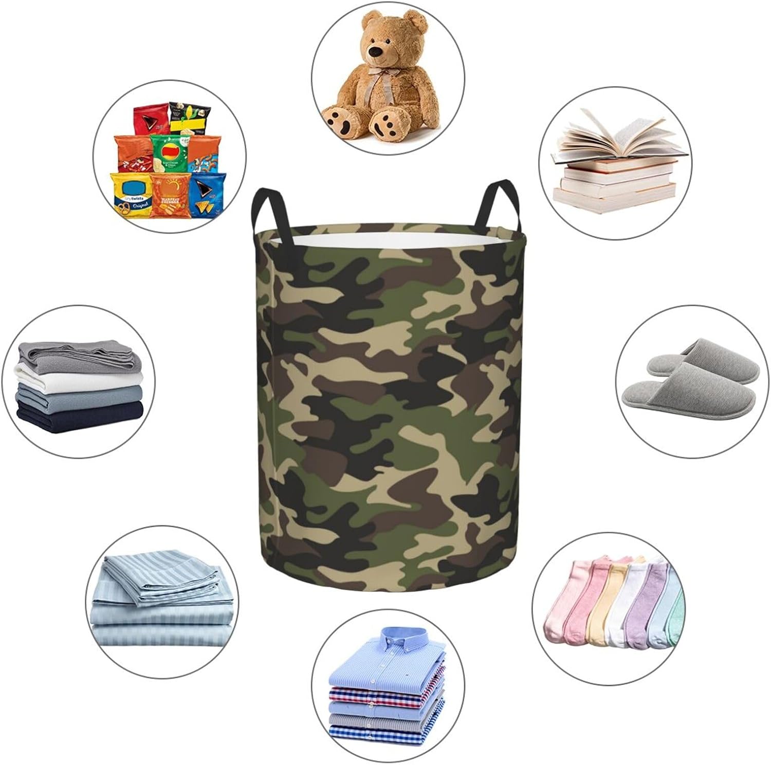 Green Camouflage Laundry Hamper Bag With Waterproof Liner - Military Camo Round Laundry Basket Foldable Clothes Storage Organizer For Bathroom Bedroom Nursery Dorm, M-19.6"X 15.7"