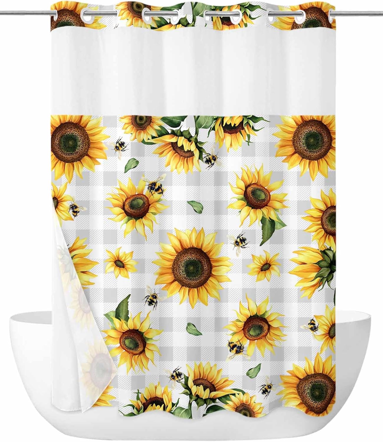 No Hook Shower Curtain with Snap in Fabric Liner Set Sunflower Shower Curtain for Bathroom Yellow Farmhouse Flowers Bath Curtains Waterproof Inner Liner with See Through Top Window for Spa Hotel 72x78