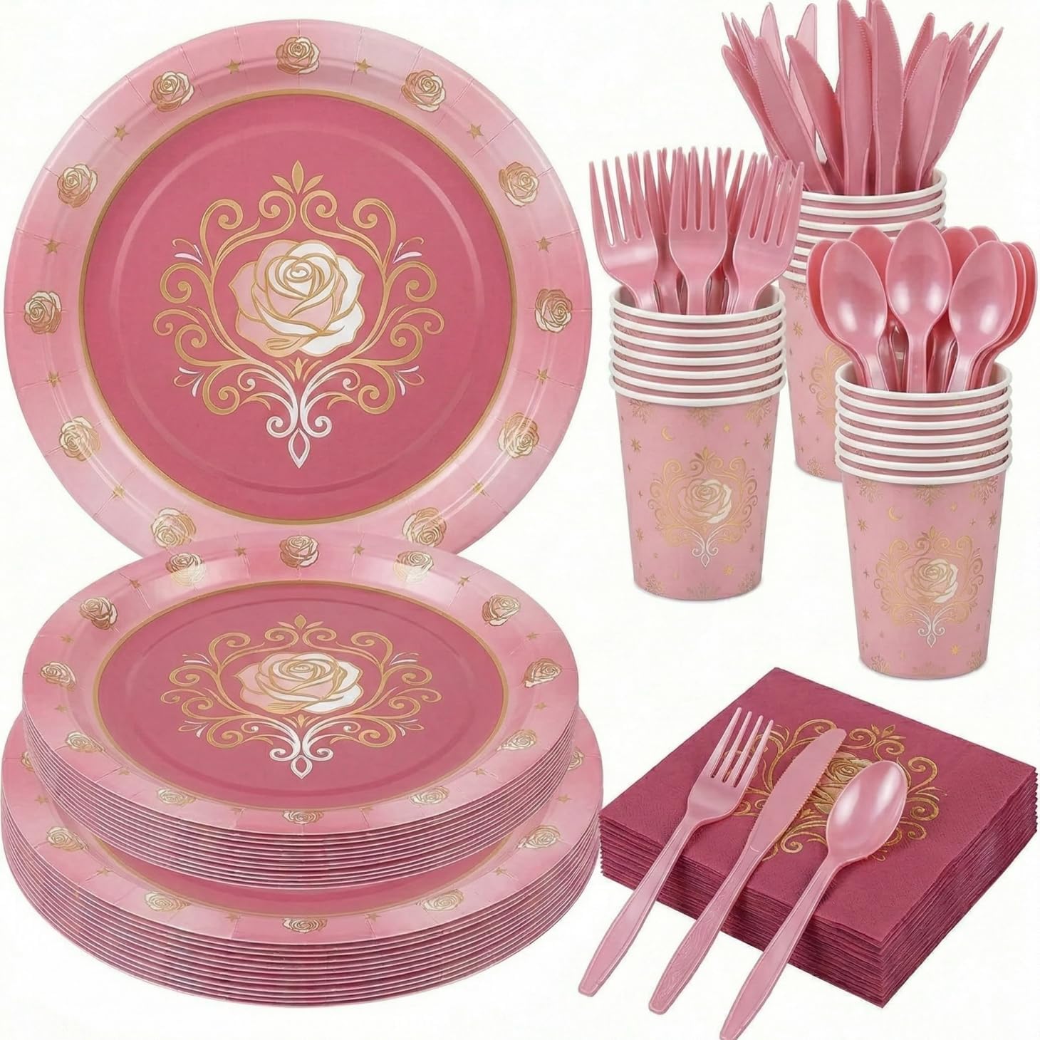 Rose Gold Pink Party Decorations Pack - 125PCS Floral Theme Kit - Includes Plates, Cups, Napkins, & Pink Cutlery - Elegant Rose Tableware for Weddings, Bridal Showers, & Adult Birthday Party