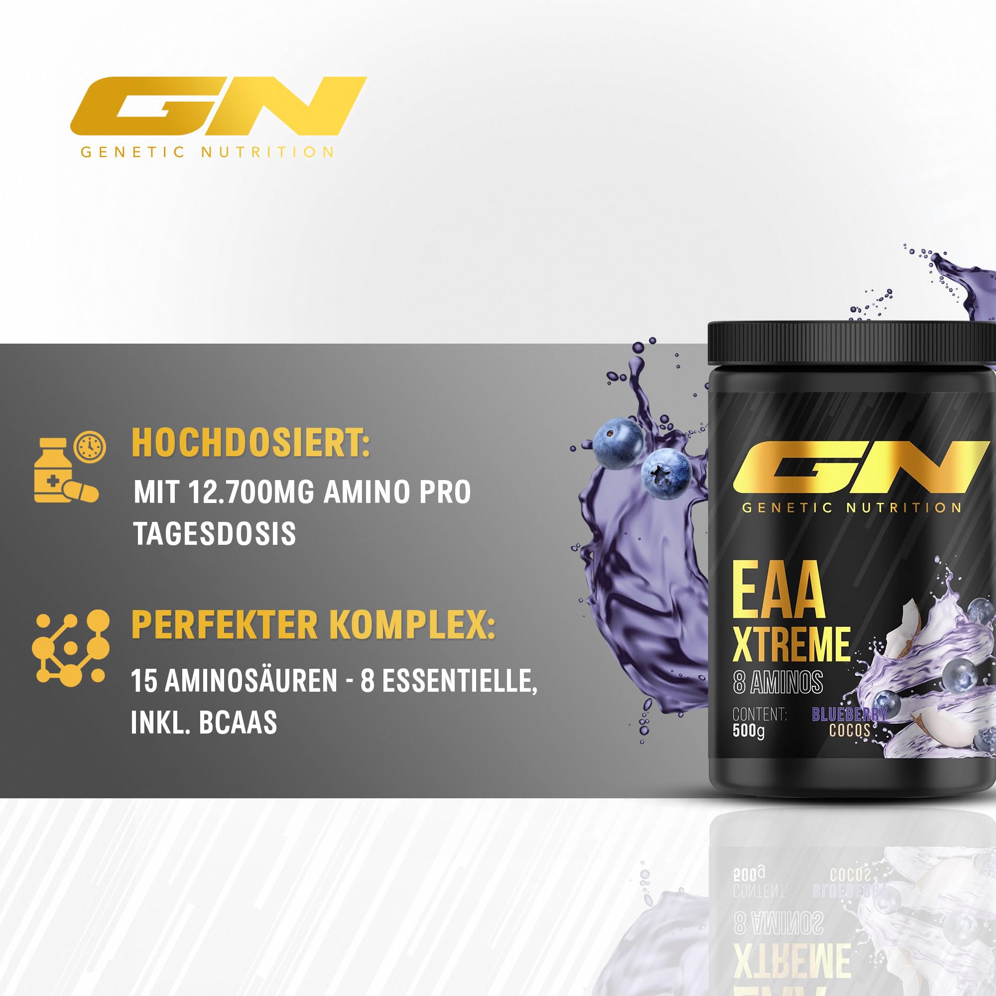 Aminosäuren-Komplex 500g Veganes Pulver mit 12.700 mg pro Tagesdosis & 15 Aminosäuren – Alle 8 essentielle EAA s inkl. BCAA s – Hochdosiert – (Blueberry Cocos) – GN Laboratories
