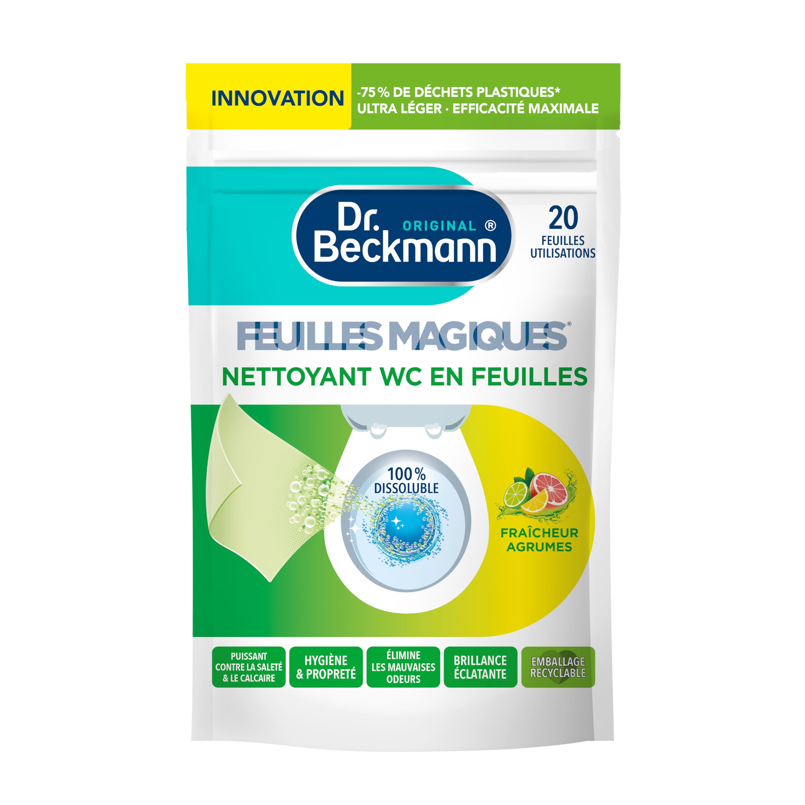 Nettoyant WC Dr. Beckmann Fraicheur Agrumes x 20 Feuilles Puissant Contre la Saleté et le Calcaire Désodorisant WC Élimi