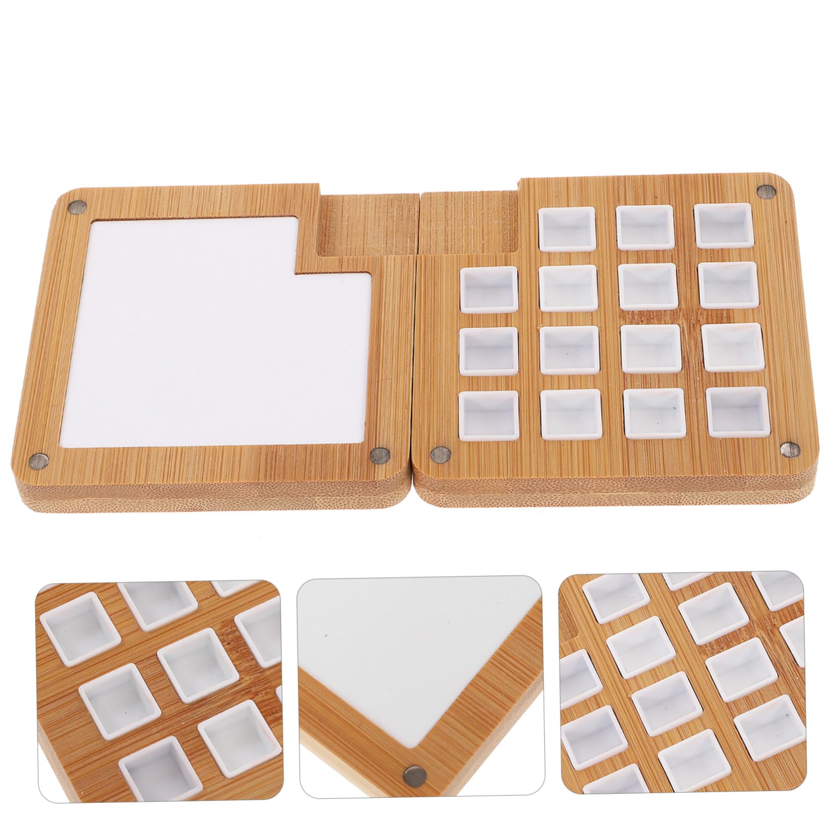 Angoily 3 Stück Tragbare Holz Aquarellfarbe Mischbox mit Fächern Magnetische Pigmentpalette für Künstler DIY Farbmischung Kompakte Wasserfeste Malpalette für Unterwegs