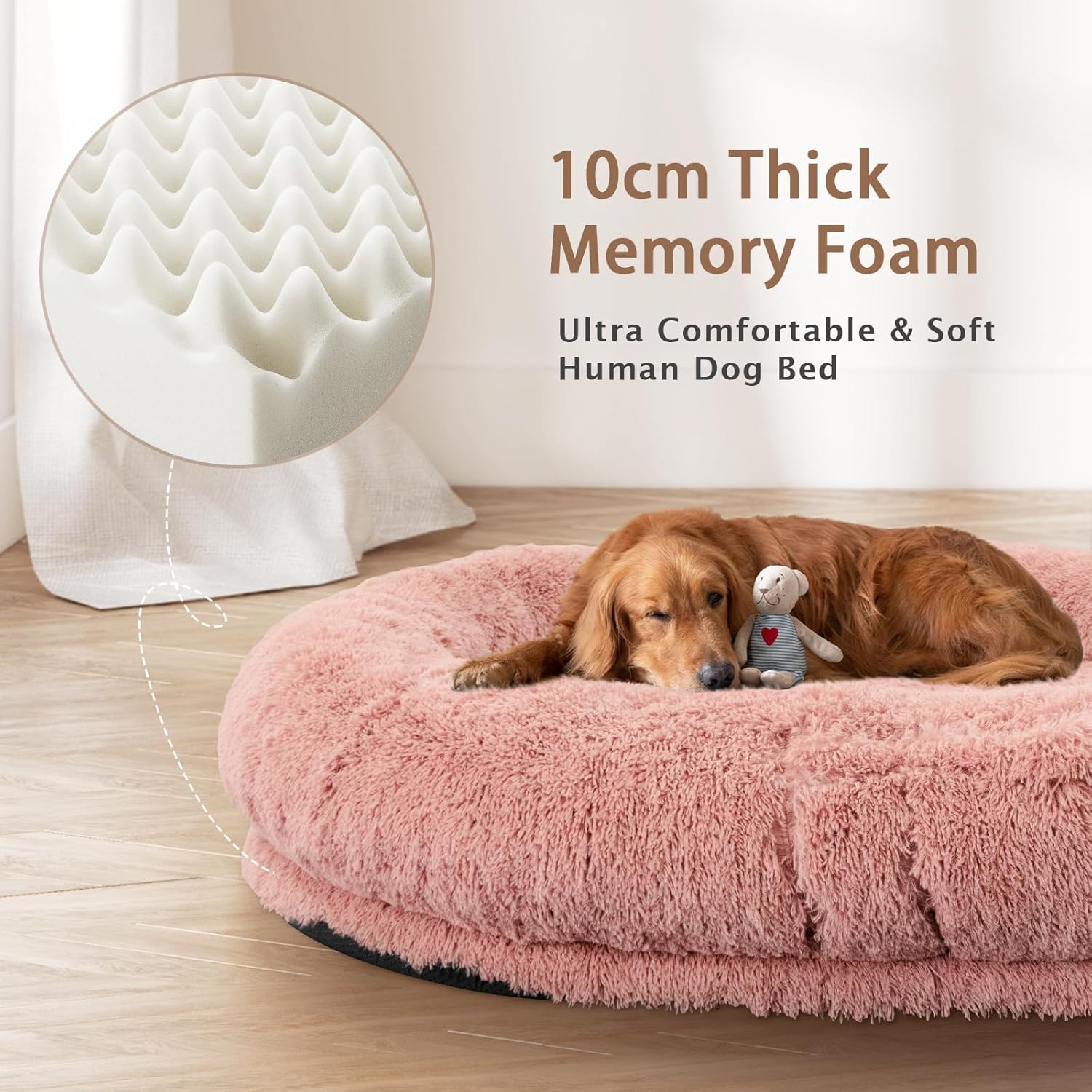 ROOMTEC Human Dog Bed, 71''x45''x12'' Size Fits Adult and Pet Washable Giant People Bed 10 CM Thick Memory Foam Large Oversize Pet Bed with Plump Pillow, Blanket, Strap - Pink