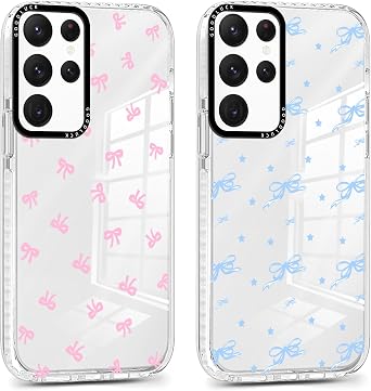 2 Pack Cute Clear Bow Phone Case for Samsung Galaxy S22 Ultra 5G 6.8 inch, Aesthetic Trendy Soft Slim Fashion Protective Shockproof TPU Bumper Cover for Women Girls-Bow