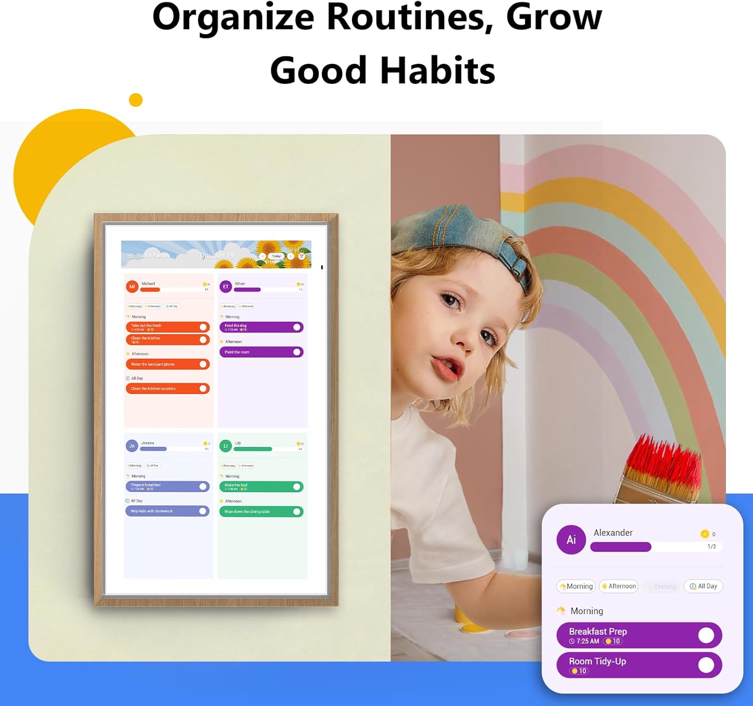 A young boy looking at the ApoloSign Digital Calendar displaying a routine planner with tasks for different family members.