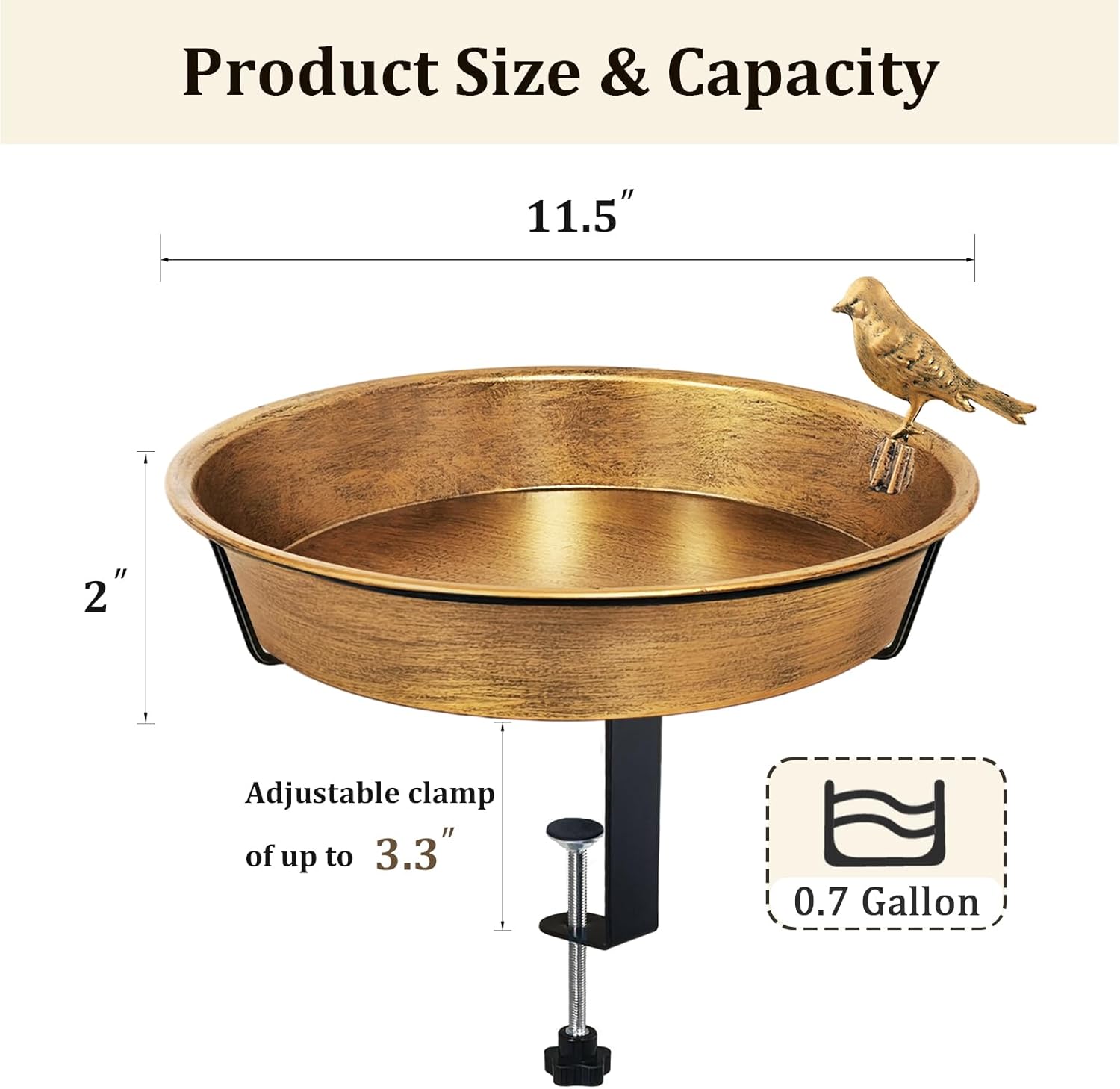 Deck Bird Bath for Outside, 11.5” Antique Bronze Birdbath Bowl & Feeder with Adjustable Clamp for Balcony Railing Outdoor Garden Yard Decor