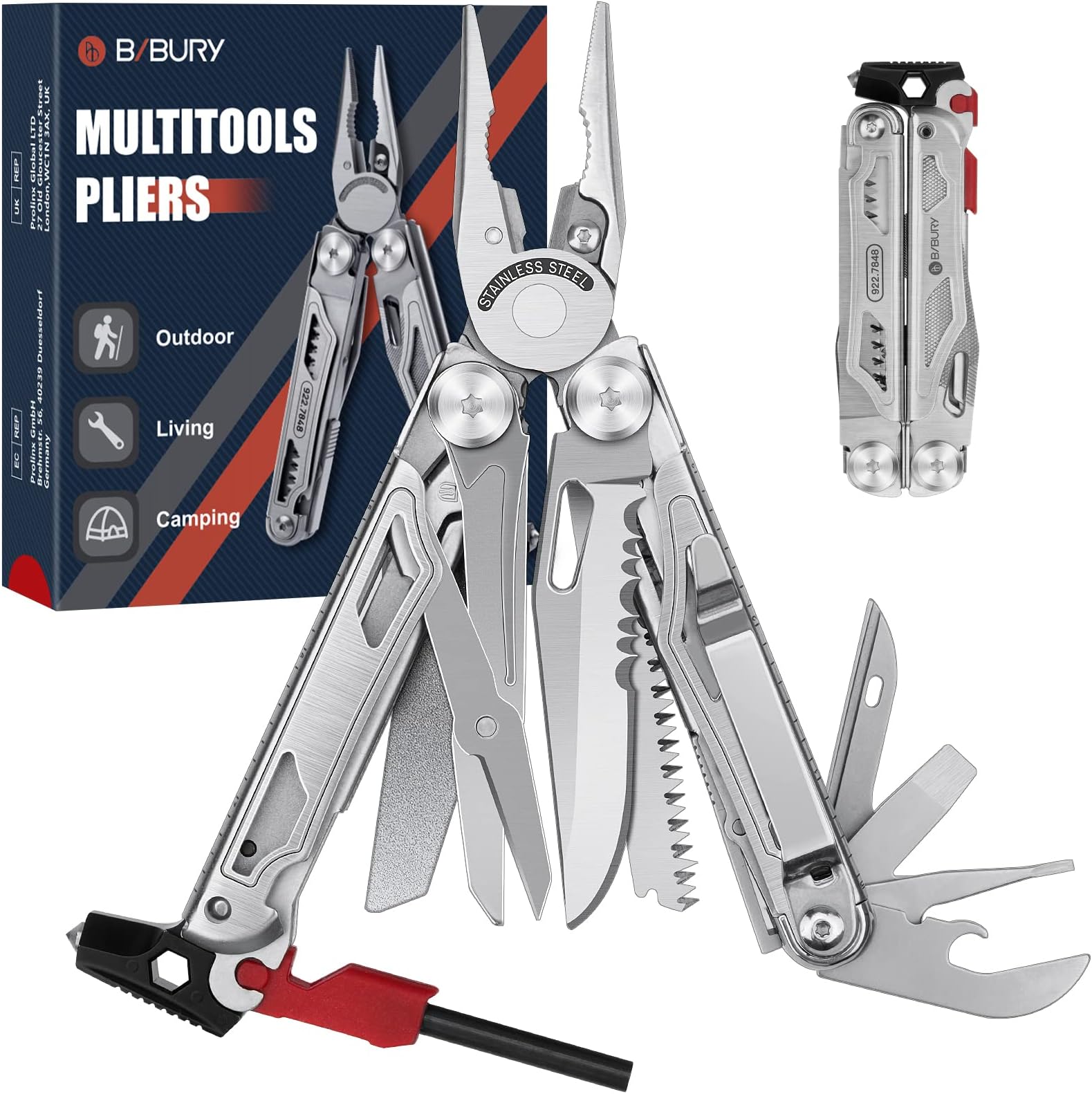 multifunctional pliers with flint & window breaker, foldable multitools for men gift, portable multifunctional tool with back clip Ideal for survival Outdoor Camping Hiking
