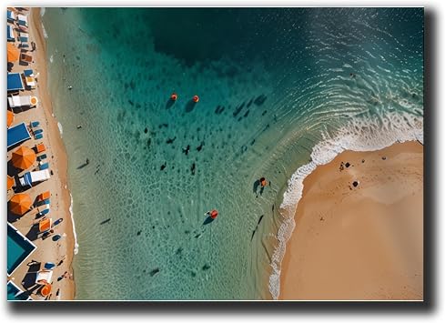 Beach Photo Wall Art Print, Modern Photography Coastal Nautical Ocean Decor, Pink Sand, Teal Aqua Turquoise Blue Ocean, Aerial View of Beach with Orange, Nature Wall Art, Decor